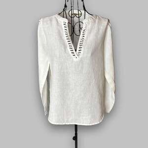 Dolma White 100% Linen V-Neck Tunic Top Medium Crochet Ladder Trim Long Sleeve